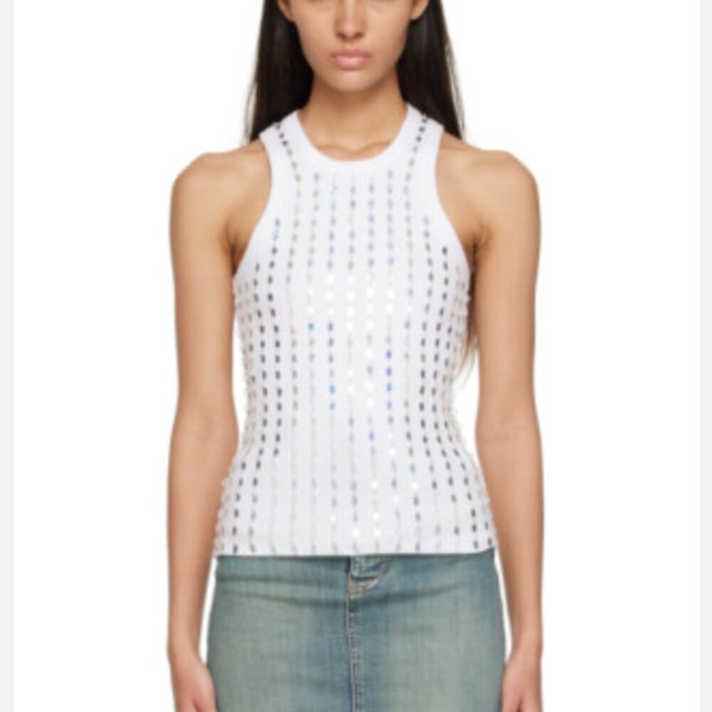 GANNI Beaded Tank Top Size 40 US 8/10 White Metallic Stretch Sleeveless